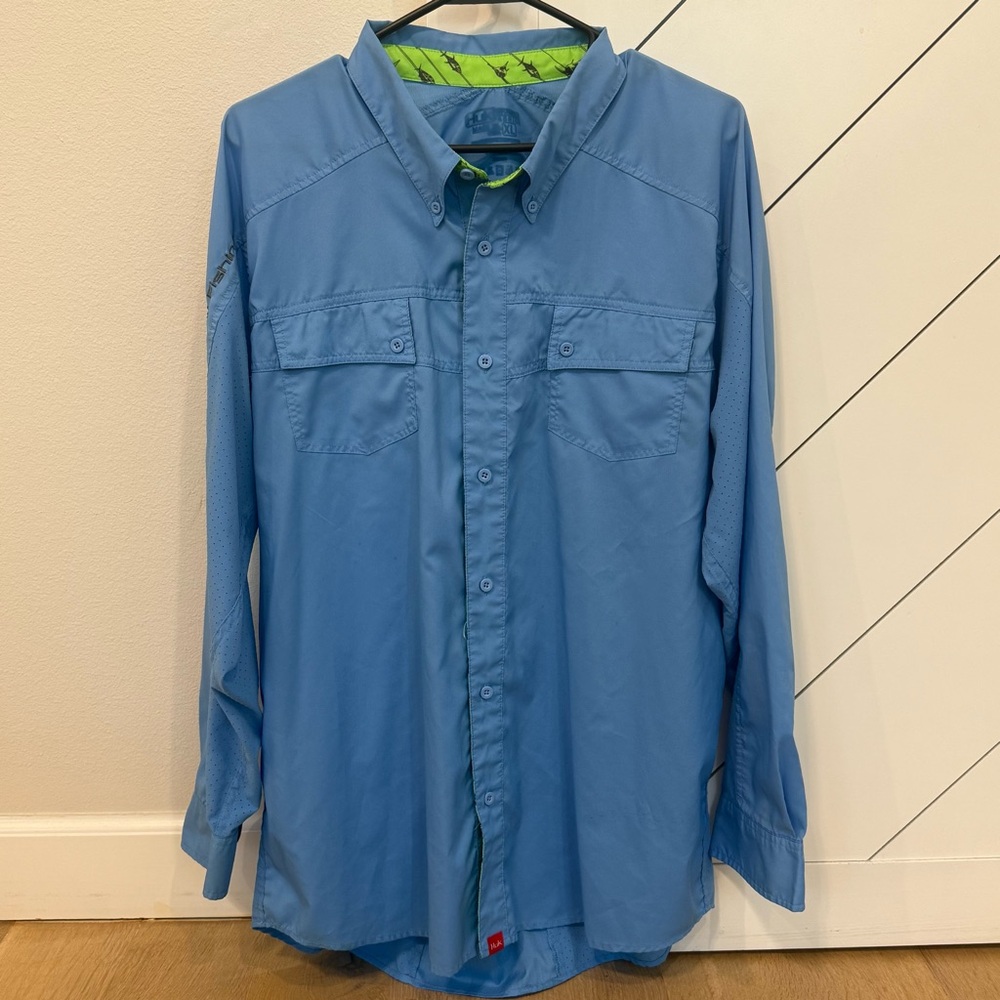 Huk XL Fishing Sky Blue Shirt with Bright Green Trim